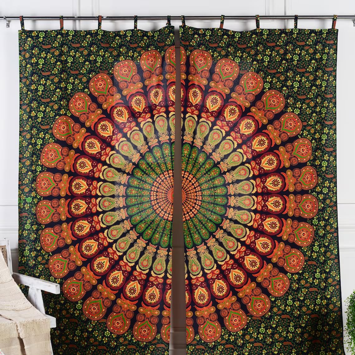 Beautiful Bohemian Psychedelic Hippie Tree of Life Window Curtain Panels for Bedroom, Living, Balcony (Golden Green)