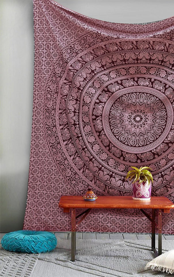 Bless International Handmade Indian hippie Bohemian Psychedelic Elephant Mandala Wall hanging College Dorm Beach Throws Table Cloth Bedding Tapestry (Maroon and Silver)