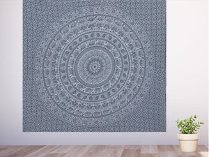 Handmade hippie Bohemian Psychedelic Elephant Mandala Wall hanging Tapestry (Grey & Silver)