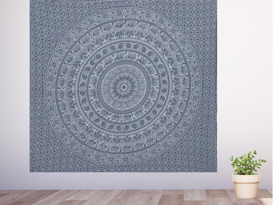 Bless International Handmade Indian hippie Bohemian Psychedelic Elephant Mandala Wall hanging College Dorm Beach Throws Table Cloth Bedding Tapestry (Grey & Silver)