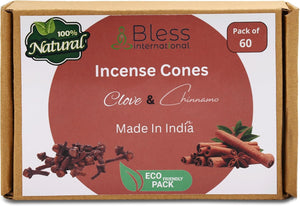 Bless-International 100%-Natural-Incense-Cones Handmade-Hand-Dipped Organic-Chemicals-Free for-Purification-Relaxation-Positivity-Yoga-Meditation (Clove and Cinnamon)