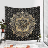 Bless International Indian Traditional Mandala Hippie Wall Hanging, Cotton Tapestry Ombre Bohemian Bedspread (Black Gold Flower Ombre)