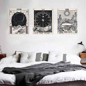 Bless International Tarot Flag Tapestry - The Sun, The Moon and The Star - Bohemian Cotton Printed Hand Made Wall Hanging Tapestries with Steel Grommets, Beige, Pack of 3 (B&W, 11.8 x 15.7 inches)