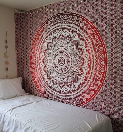 Bless International Indian Traditional Mandala Hippie Wall Hanging, Cotton Tapestry Ombre Bohemian Bedspread (Classic Red)