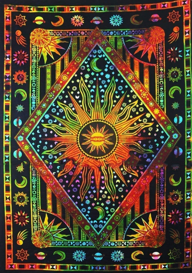 Bless International Handmade Indian hippie Bohemian Psychedelic Celestial Sun Moon Wall hanging College Dorm Beach Throws Table Cloth Bedding Tapestry (Orange Multicoloured)