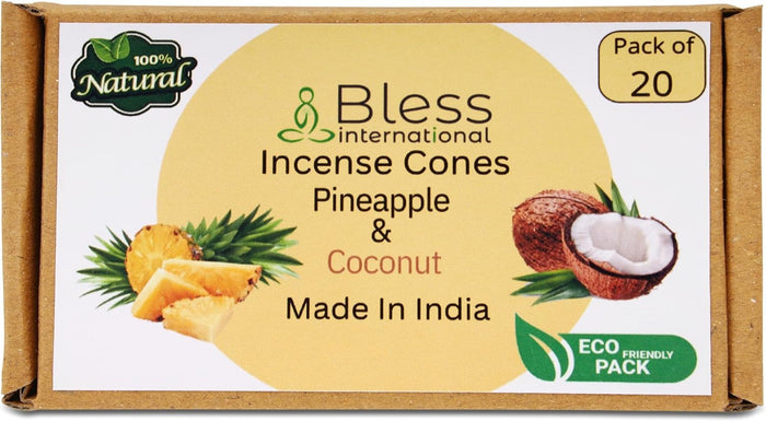 Bless-International 100%-Natural-Incense-Cones Handmade-Hand-Dipped Organic-Chemicals-Free for-Purification-Relaxation-Positivity-Yoga-Meditation (Pineapple and Coconut)