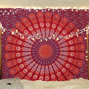 Bless International Indian Hippie Bohemian Psychedelic Peacock Mandala Wall Hanging Bedding Tapestry (Blue Red)