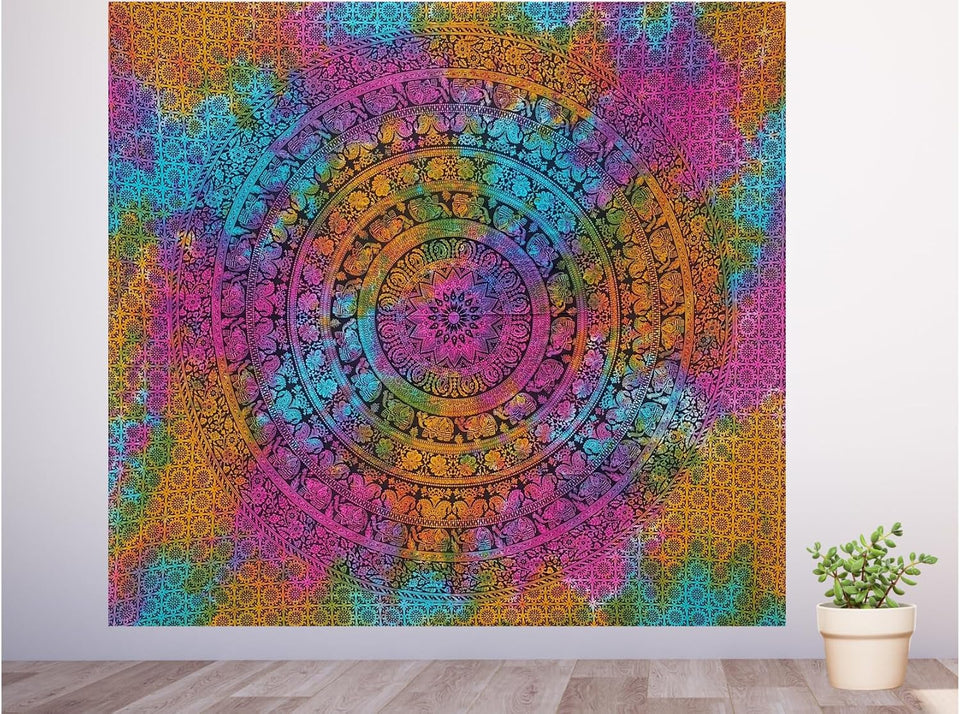 Bless International Handmade Indian hippie Bohemian Psychedelic Elephant Mandala Wall hanging College Dorm Beach Throws Table Cloth Bedding Tapestry (Tie Dye)