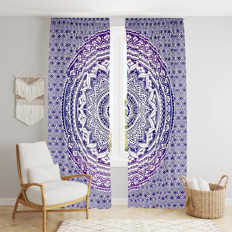 Bless International Beautiful Indian Bohemian Psychedelic Hippie Ombre Window Curtain Panels for Bedroom, Living, Balcony (Purple Ombre (38x83 Inches)(96x210 Cms))