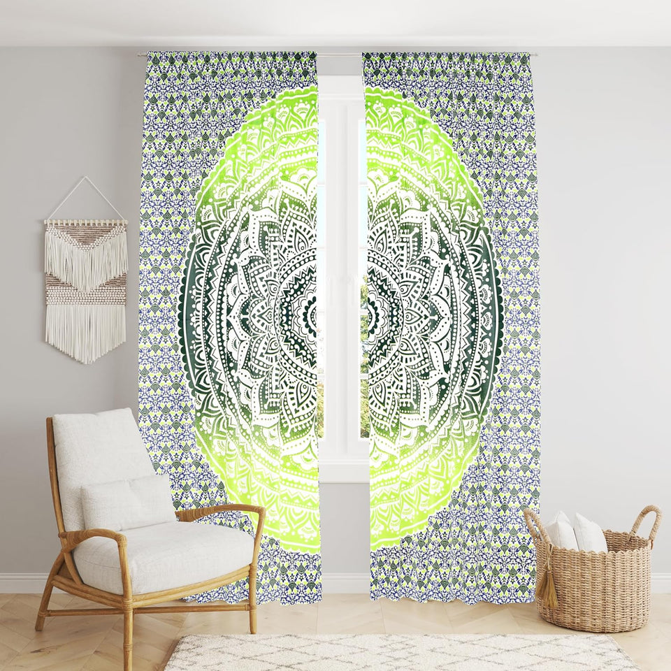 Bless International Beautiful Indian Bohemian Psychedelic Hippie Ombre Window Curtain Panels for Bedroom, Living, Balcony (Green Yellow Ombre (38x83 Inches)(96x210 Cms))