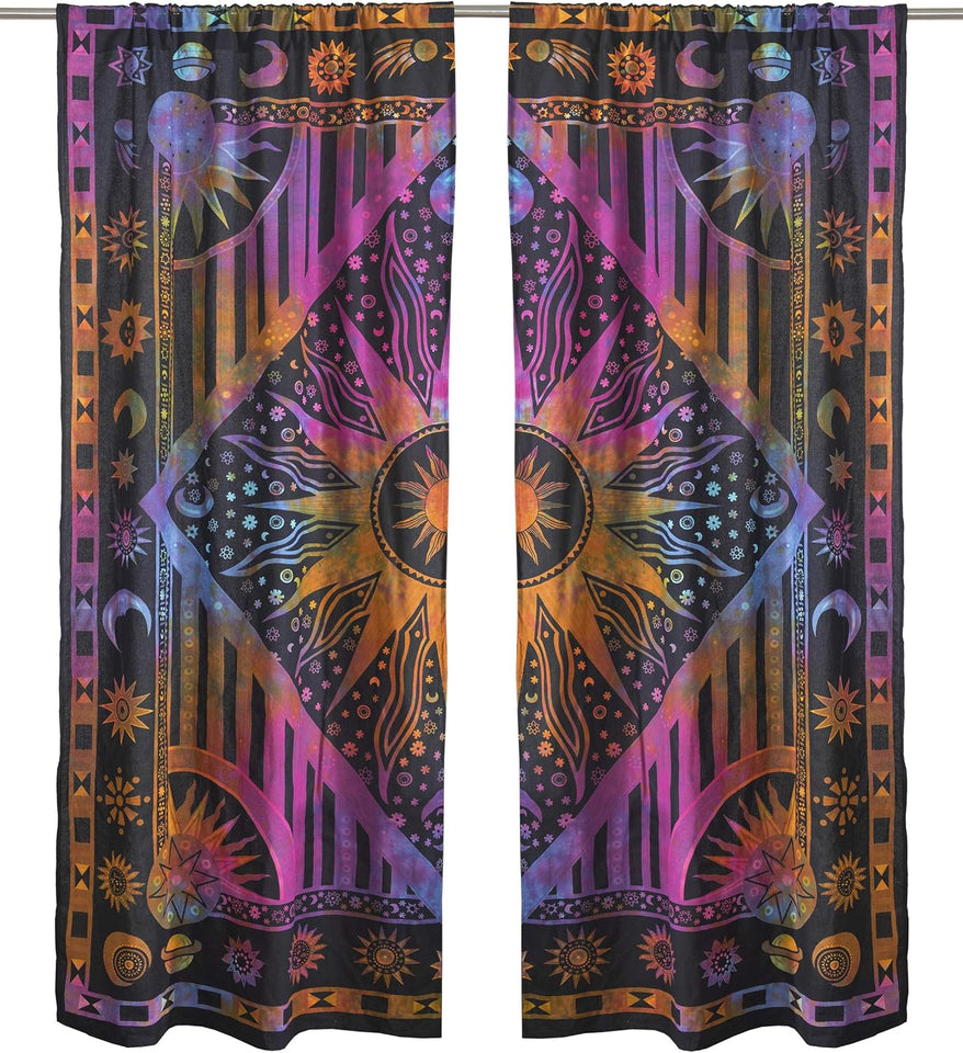 Bless International Beautiful Indian Bohemian Psychedelic Hippie Burning Sun Window Curtain Panels for Bedroom, Living, Balcony (Purple Tie Dye