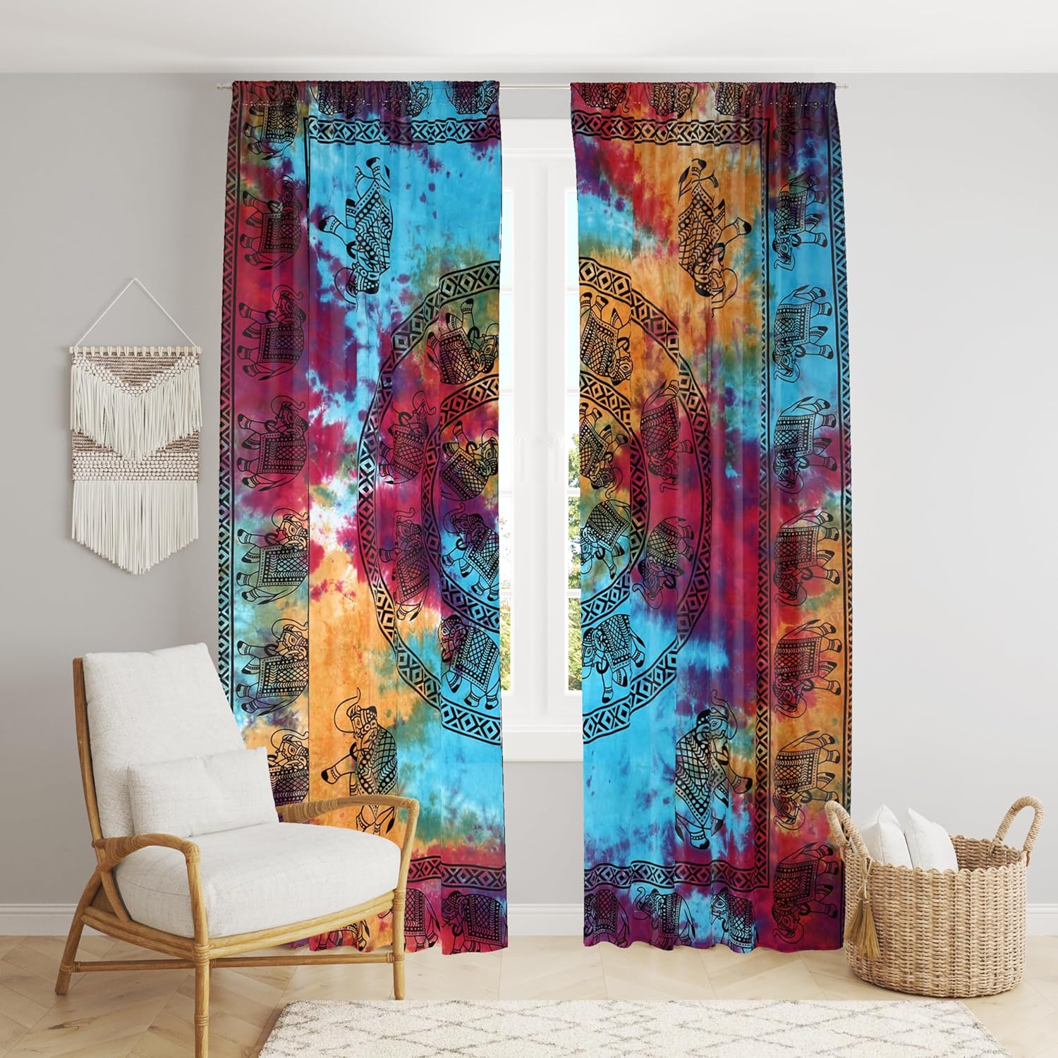 Beautiful Bohemian Psychedelic Hippie Tie Dye Window Curtain Panels for Bedroom, Living, Balcony (Tie Dye Round Elephant (38x83 Inches)(96x210 Cms))