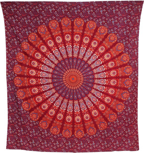 Bless International Indian Hippie Bohemian Psychedelic Peacock Mandala Wall Hanging Bedding Tapestry (Blue Red)