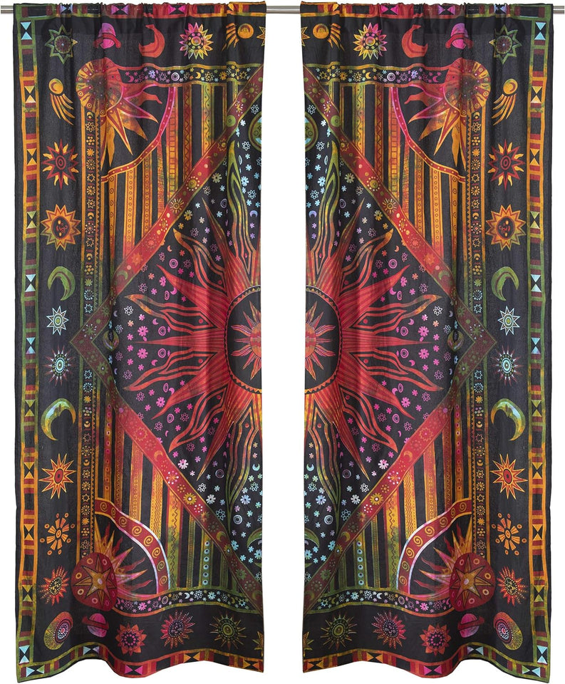 Bless International Beautiful Indian Bohemian Psychedelic Hippie Burning Sun Window Curtain Panels for Bedroom, Living, Balcony (Golden Tie Dye)