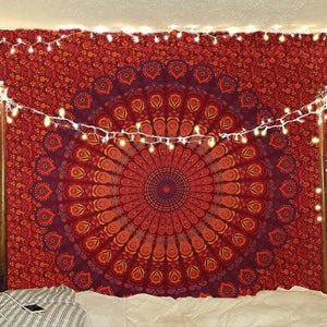 Bless International Indian Hippie Bohemian Psychedelic Peacock Mandala Wall Hanging Bedding Tapestry (Golden Brown Maroon)