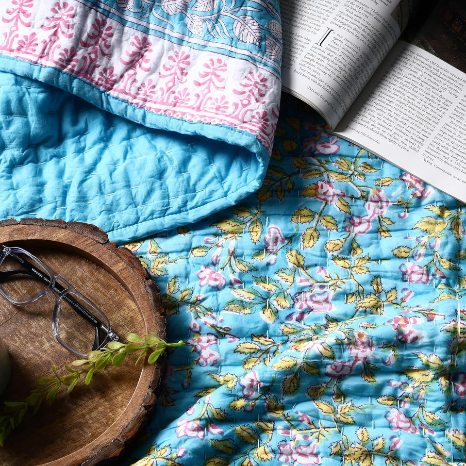 Handmade Organic Cotton Kantha Quilt 3 Pieces Set Blue Floral Bedspread (Includes 1 Quilt and 2 Pillow Shams)