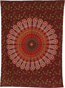 Hippie Bohemian Psychedelic Peacock Mandala Wall Hanging Bedding Tapestry (Maroon Yellow)