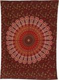 Hippie Bohemian Psychedelic Peacock Mandala Wall Hanging Bedding Tapestry (Maroon Yellow)
