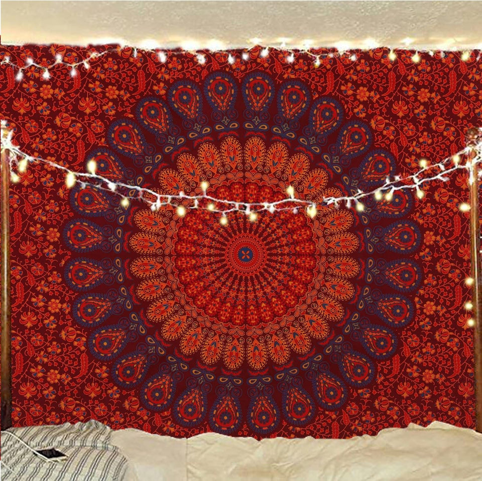 Bless International Indian Hippie Bohemian Psychedelic Peacock Mandala Wall Hanging Bedding Tapestry (Golden Brown Maroon)