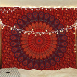 Hippie Bohemian Psychedelic Peacock Mandala Wall Hanging Bedding Tapestry (Golden Brown Maroon)