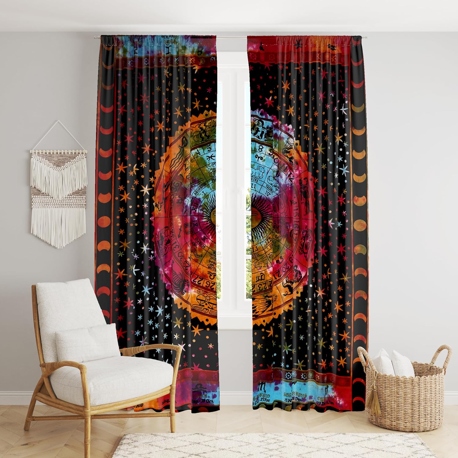 Beautiful Bohemian Psychedelic Hippie Tie Dye Window Curtain Panels for Bedroom, Living, Balcony (Horoscope Tie Dye (38x83 Inches)(96x210 Cms))