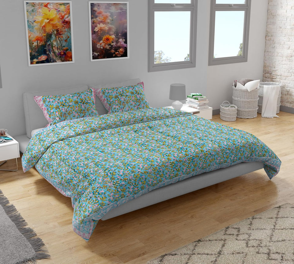 Handmade Organic Cotton Kantha Quilt 3 Pieces Set Blue Floral Bedspread (Includes 1 Quilt and 2 Pillow Shams)