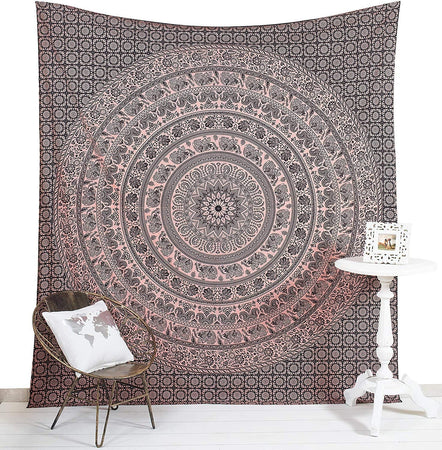 Bless International Handmade Indian hippie Bohemian Psychedelic Elephant Mandala Wall hanging College Dorm Beach Throws Table Cloth Bedding Tapestry (Black and Rose)