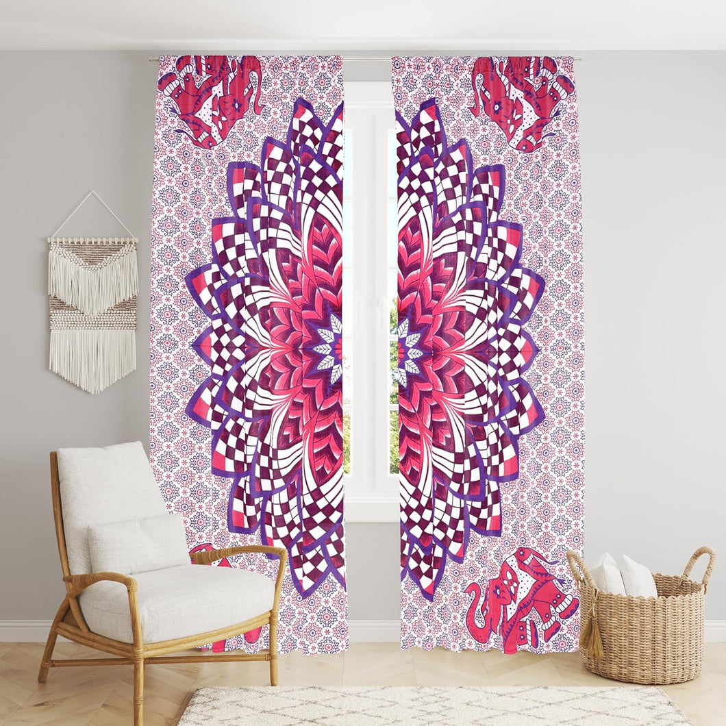 Bless International Beautiful Indian Bohemian Psychedelic Hippie Ombre Window Curtain Panels for Bedroom, Living, Balcony (Elephant & Flower (38x83 Inches)(96x210 Cms))