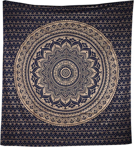 Bless International Indian Traditional Mandala Hippie Wall Hanging, Cotton Tapestry Ombre Bohemian Bedspread ( Blue Gold Ombre)