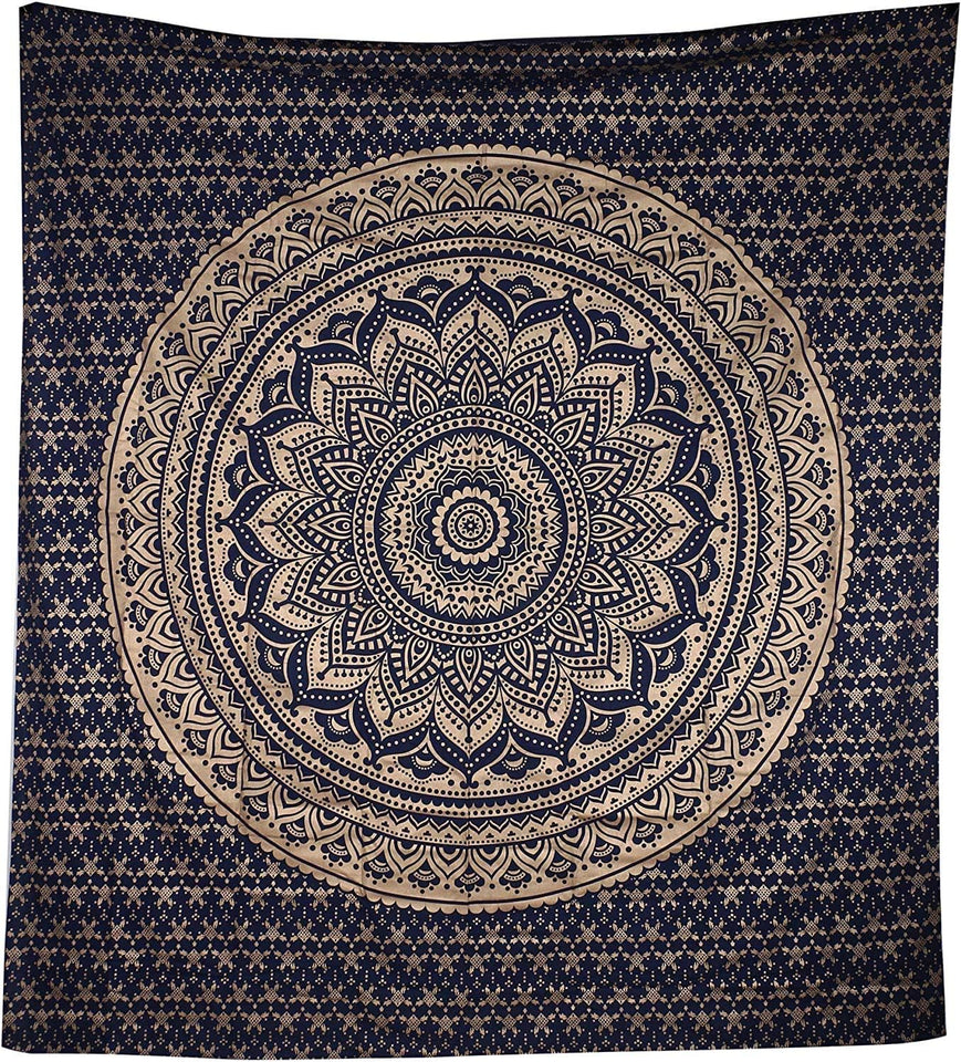 Bless International Indian Traditional Mandala Hippie Wall Hanging, Cotton Tapestry Ombre Bohemian Bedspread ( Blue Gold Ombre)