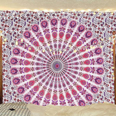 Bless International Handmade Indian hippie Bohemian Psychedelic Peacock Mandala Wall hanging College Dorm Beach Throws Table Cloth Bedding Tapestry (Pink Blue)