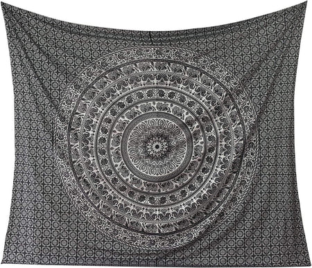 Bless International Handmade Indian hippie Bohemian Psychedelic Elephant Mandala Wall hanging College Dorm Beach Throws Table Cloth Bedding Tapestry (Black Silver)