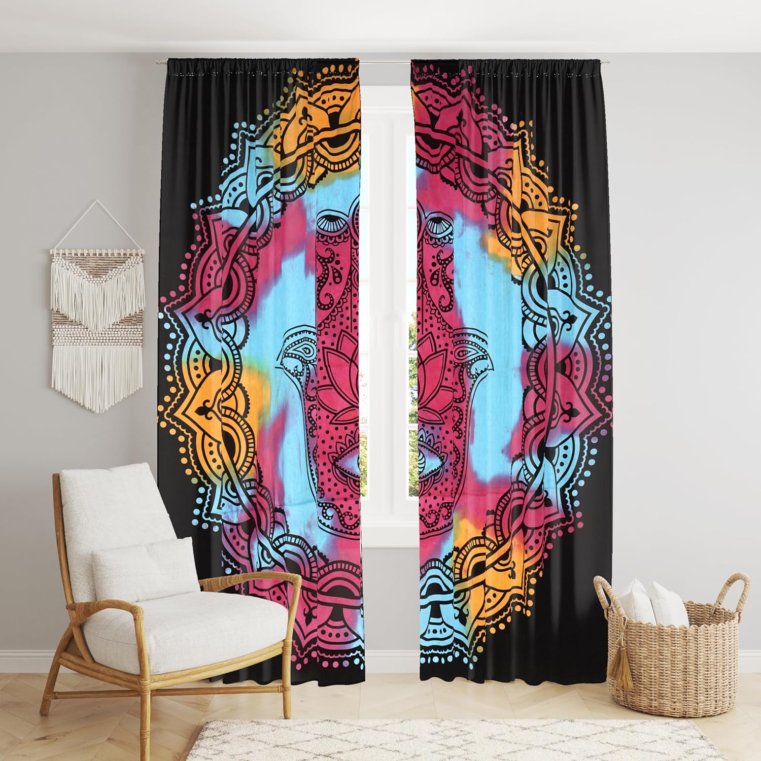 Beautiful Bohemian Psychedelic Hippie Tie Dye Window Curtain Panels for Bedroom, Living, Balcony (Red Tie Dye Hamsa Hand (38x83 Inches)(96x210 Cms))