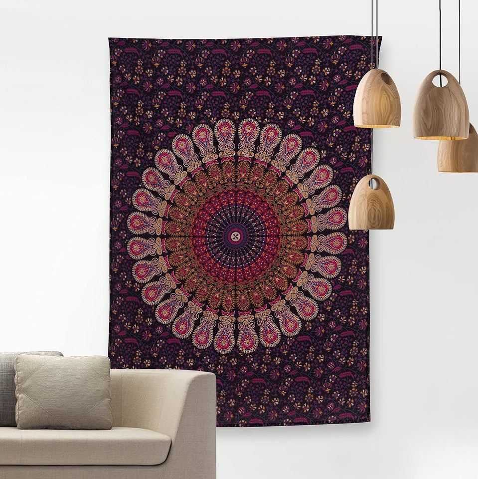 Bless International Indian hippie Bohemian Psychedelic Golden Blue Peacock Mandala Wall hanging Bedding Tapestry(Golden Pink Blue)