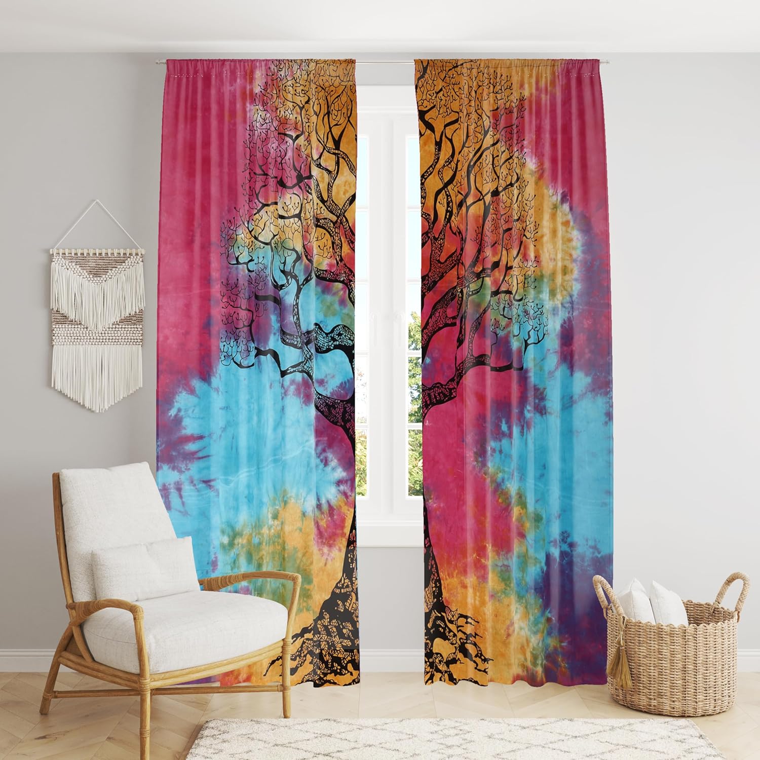 Beautiful Bohemian Psychedelic Hippie Tie Dye Window Curtain Panels for Bedroom, Living, Balcony  (Tie Dye Tree (38x83 Inches)(96x210 Cms))