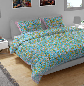 Handmade Organic Cotton Kantha Quilt 3 Pieces Set Blue Floral Bedspread (Includes 1 Quilt and 2 Pillow Shams)