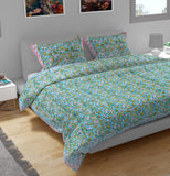 Handmade Organic Cotton Kantha Quilt 3 Pieces Set Blue Floral Bedspread (Includes 1 Quilt and 2 Pillow Shams)