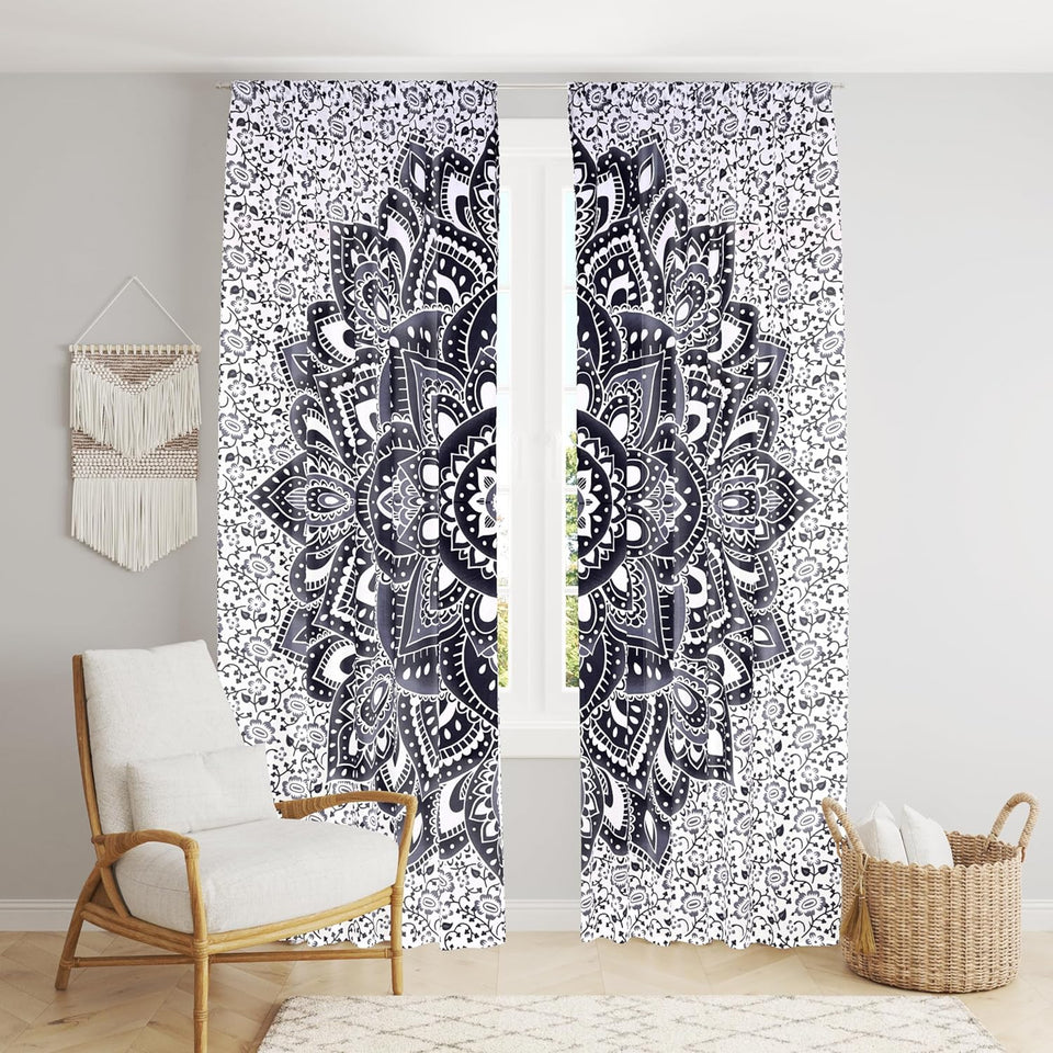 Bless International Beautiful Indian Bohemian Psychedelic Hippie Ombre Window Curtain Panels for Bedroom, Living, Balcony (Gray Black Passion Flower (38x83 Inches)(96x210 Cms))