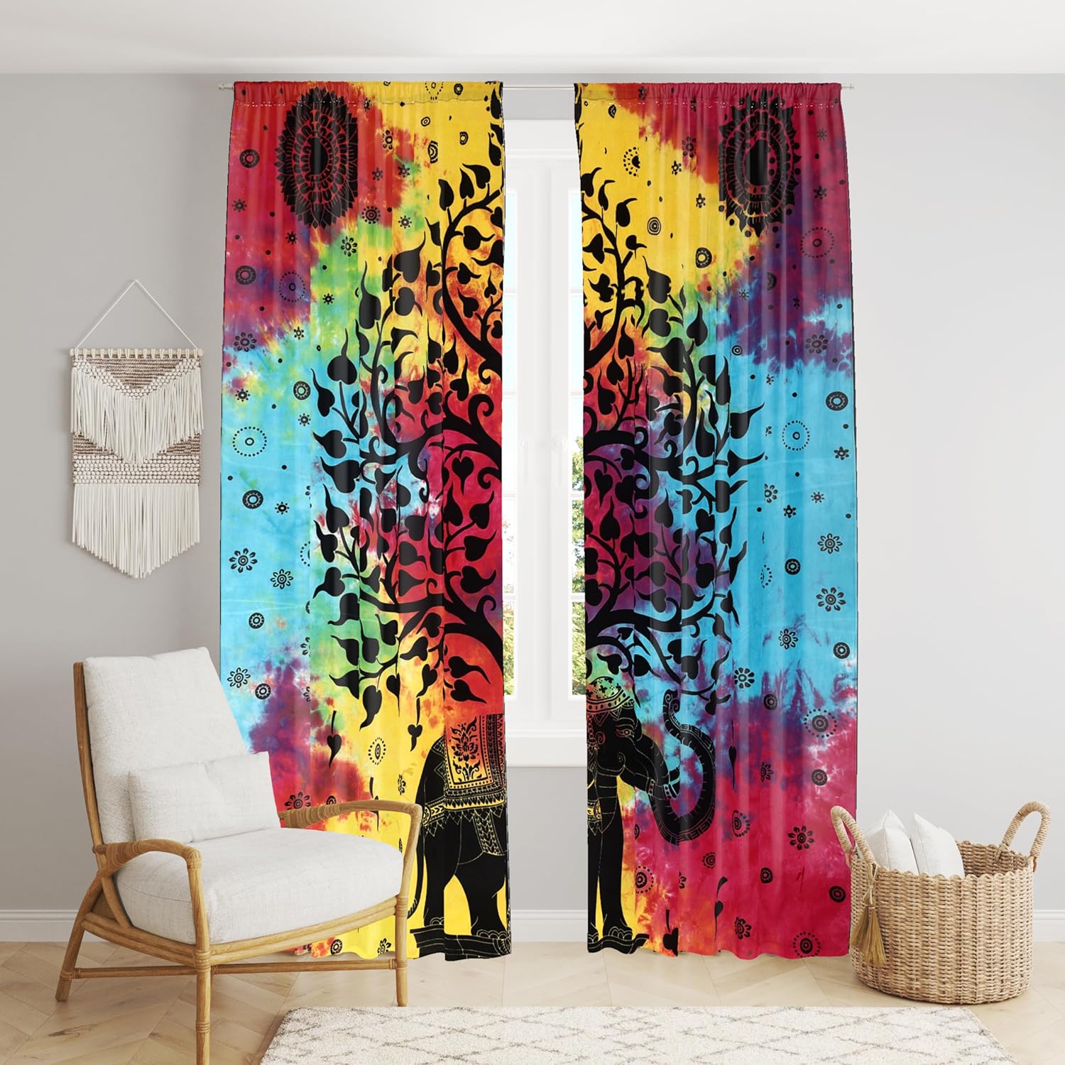 Beautiful Bohemian Psychedelic Hippie Tie Dye Window Curtain Panels for Bedroom, Living, Balcony (Multi Tie Dye Tie Dye (38x83 Inches)(96x210 Cms))