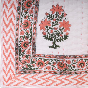 Handmade Organic Cotton Kantha Quilt 3-Pieces Set White Red Bedspread (Includes 1 Quilt and 2 Pillow Shams)