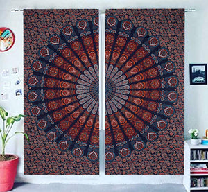 Bless International Beautiful Indian Bohemian Psychedelic Hippie Peacock Mandala Window Curtain Panels for Bedroom, Living, Balcony (Golden Blue)