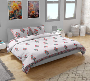 Handmade Organic Cotton Kantha Quilt 3-Pieces Set White Red Bedspread (Includes 1 Quilt and 2 Pillow Shams)