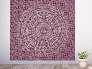 Bless International Handmade Indian hippie Bohemian Psychedelic Elephant Mandala Wall hanging College Dorm Beach Throws Table Cloth Bedding Tapestry (Maroon and Silver)