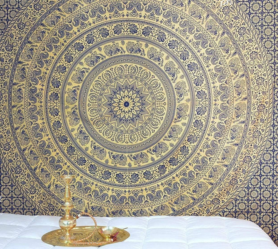 Bless International Handmade Indian hippie Bohemian Psychedelic Elephant Mandala Wall hanging College Dorm Beach Throws Table Cloth Bedding Tapestry (Navy Blue and Gold)