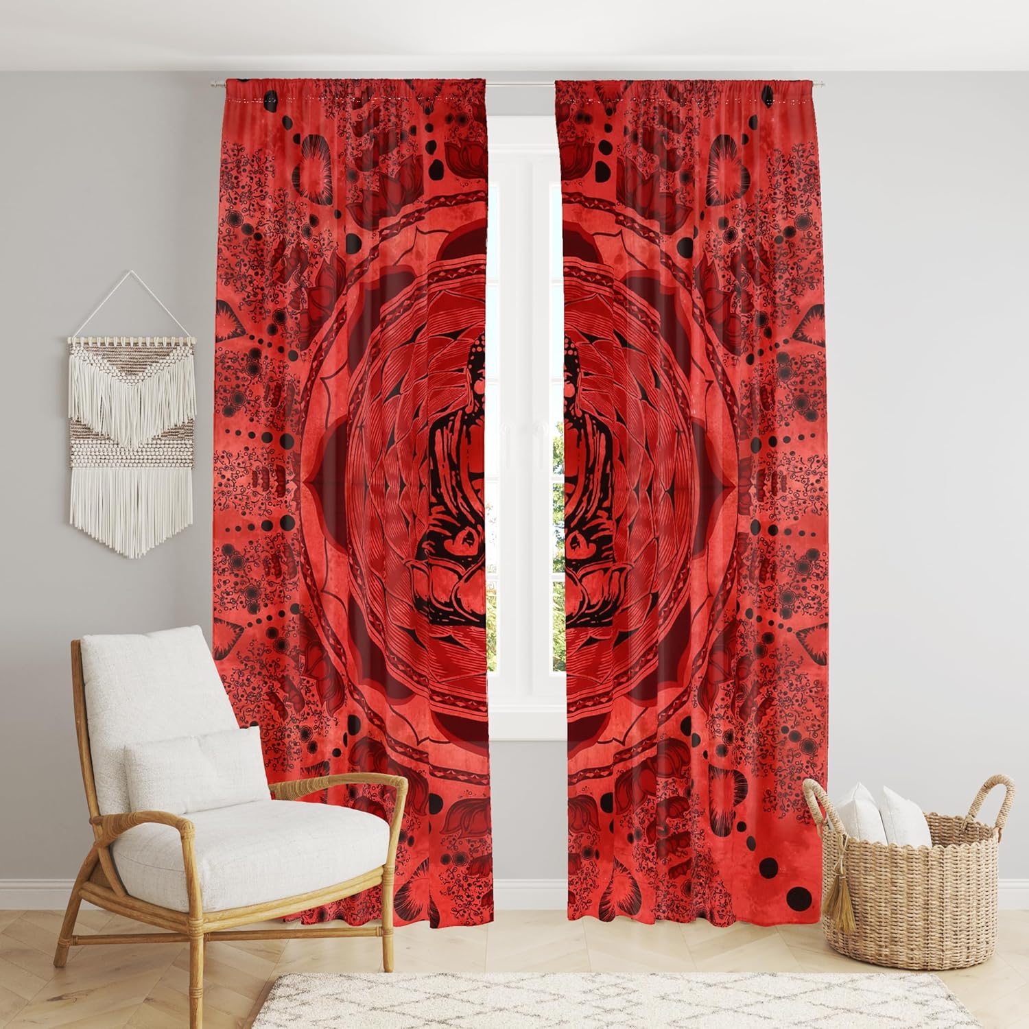 Beautiful Bohemian Psychedelic Hippie Tie Dye Window Curtain Panels for Bedroom, Living, Balcony (Red Buddha (38x83 Inches)(96x210 Cms))