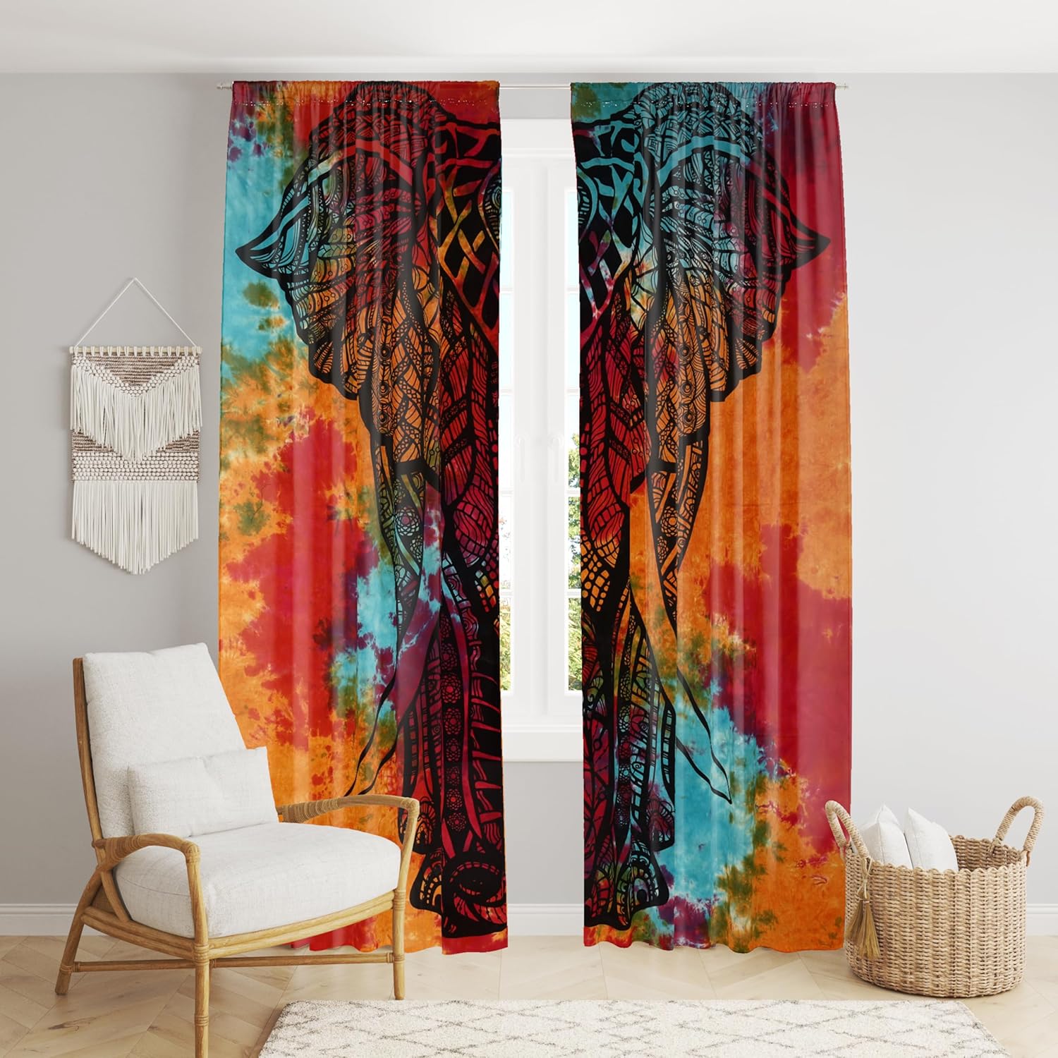 Beautiful Bohemian Psychedelic Hippie Tie Dye Window Curtain Panels for Bedroom, Living, Balcony (Multi Tie Dye Elephant (38x83 Inches)(96x210 Cms))