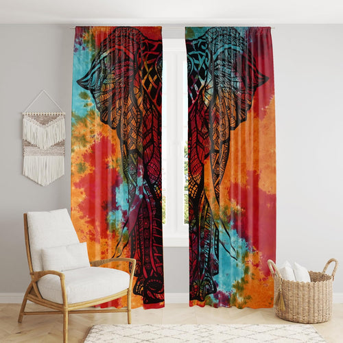 Bless International Beautiful Indian Bohemian Psychedelic Hippie Tie Dye Window Curtain Panels for Bedroom, Living, Balcony (Multi Tie Dye Elephant (38x83 Inches)(96x210 Cms))