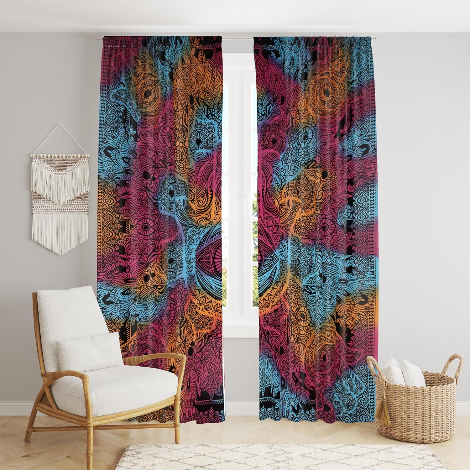 Beautiful Bohemian Psychedelic Hippie Tie Dye Window Curtain Panels for Bedroom, Living, Balcony (Tie Dye Hamsa Hand (38x83 Inches)(96x210 Cms))