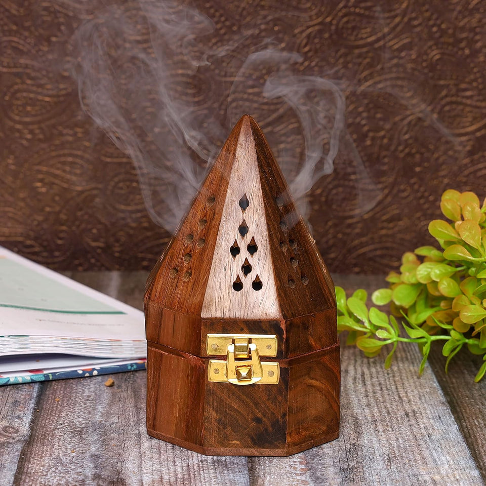 Bless-International Traditional-Handmade-Burner Wooden-Incense-Stick-Holder Ash-Catcher-Stand for-Aromatherapy-Meditation-Yoga (5 Inch Octa Temple Wooden Charcoal/Cone)