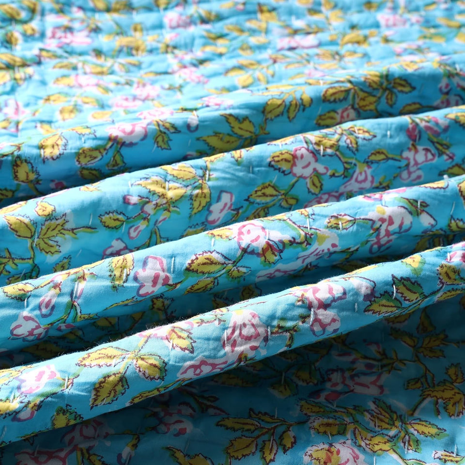 Handmade Organic Cotton Kantha Quilt 3 Pieces Set Blue Floral Bedspread (Includes 1 Quilt and 2 Pillow Shams)